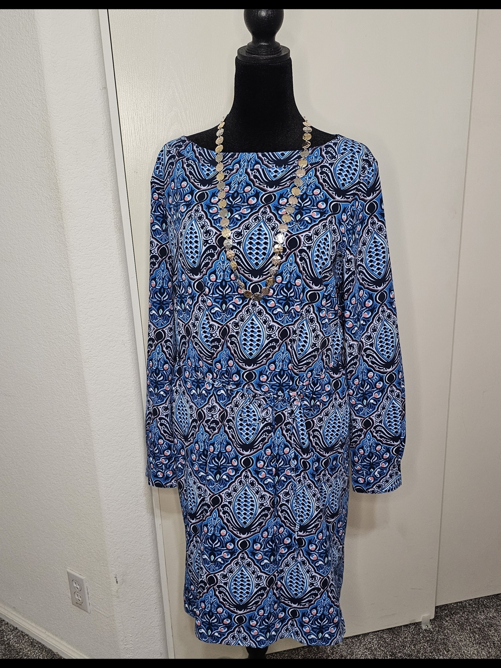 LOFT Blue Patterned Long-Sleeve Dress with Pink Accents Sz L